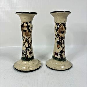 Farmhouse Pottery Candlestick Holders Artist Signed Hand Painted C Miller
